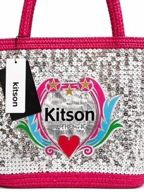 NWT Kitson Sequin Tote Bag Pink Silver Heart Logo Drawstring Lined Y2K Glam